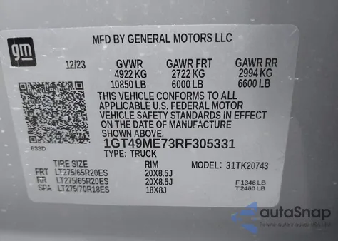 2024 GMC Sierra 2500Hd 4Wd Standard Bed Sle из США, поврежденный, VIN 1GT49ME73RF305331